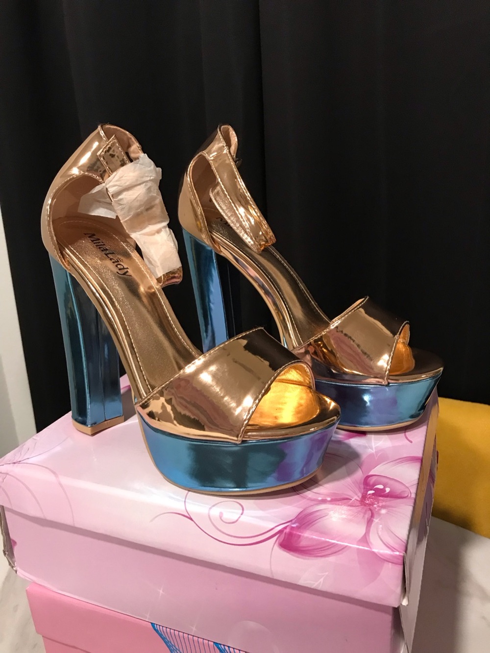 Metallic Rose Gold and Blue Platform Heels - Women